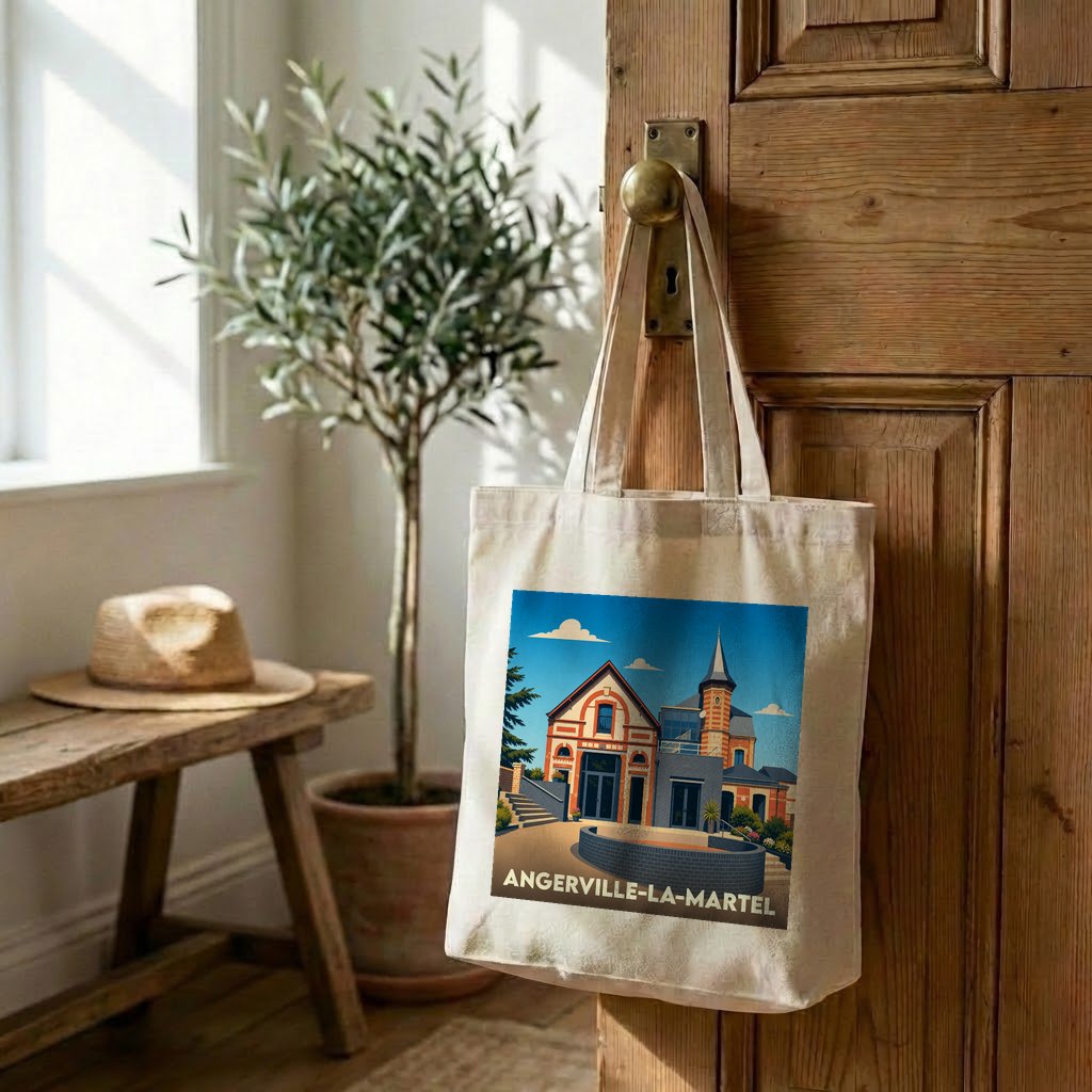 Tote bag souvenir de la ville d'Angerville-la-Martel avec une illustration stylisée.