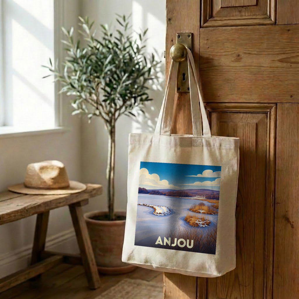 Tote bag souvenir de la ville d'Anjou avec une illustration stylisée d'un paysage hivernal.