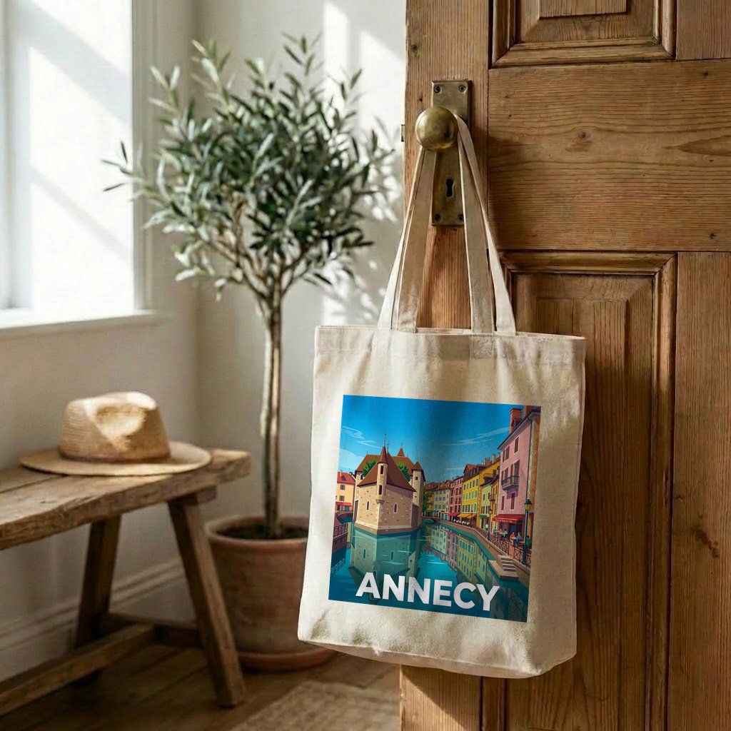 Tote bag souvenir de la ville d'Annecy avec une illustration stylisée.