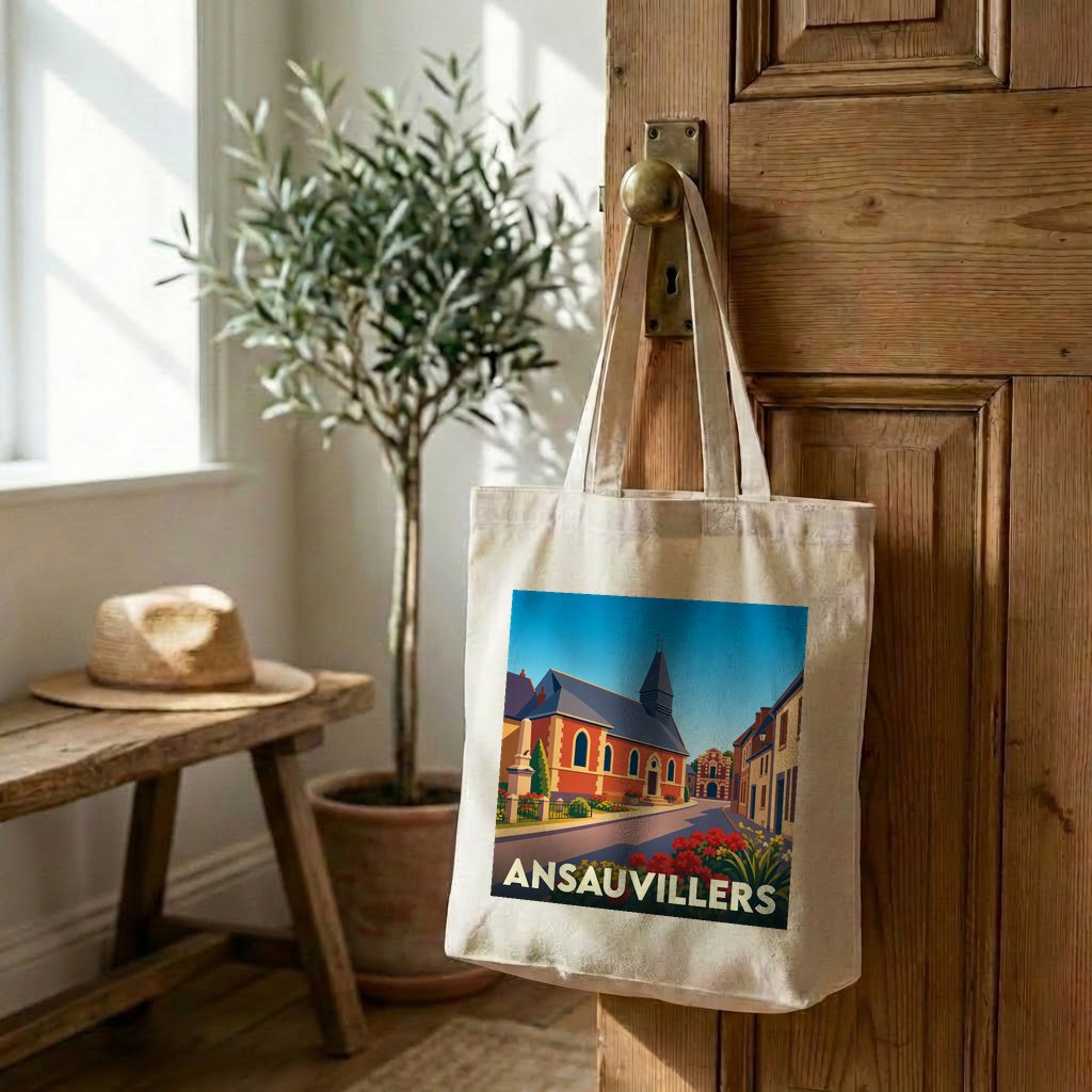 Tote bag souvenir de la ville de Ansauvillers avec une illustration stylisée.