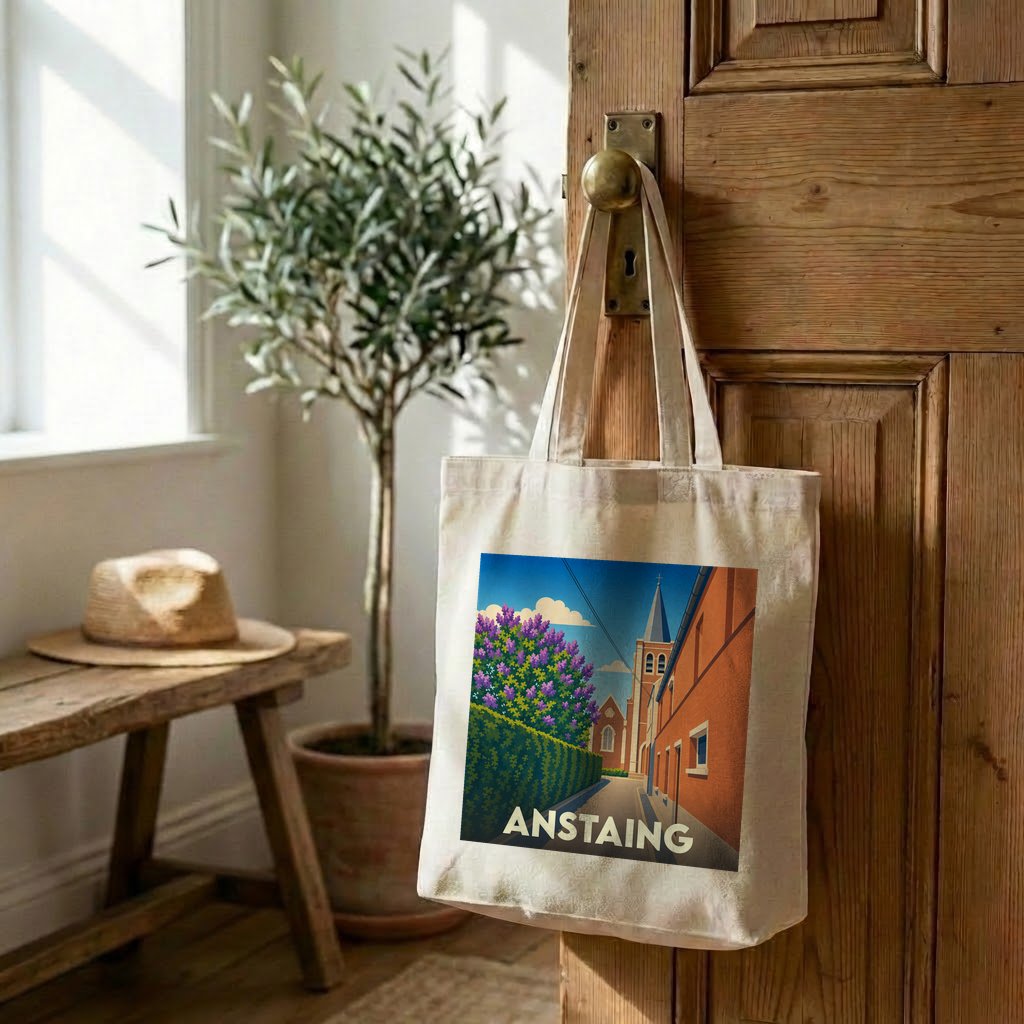Tote bag souvenir de la ville d'Anstaing avec une illustration stylisée et colorée.