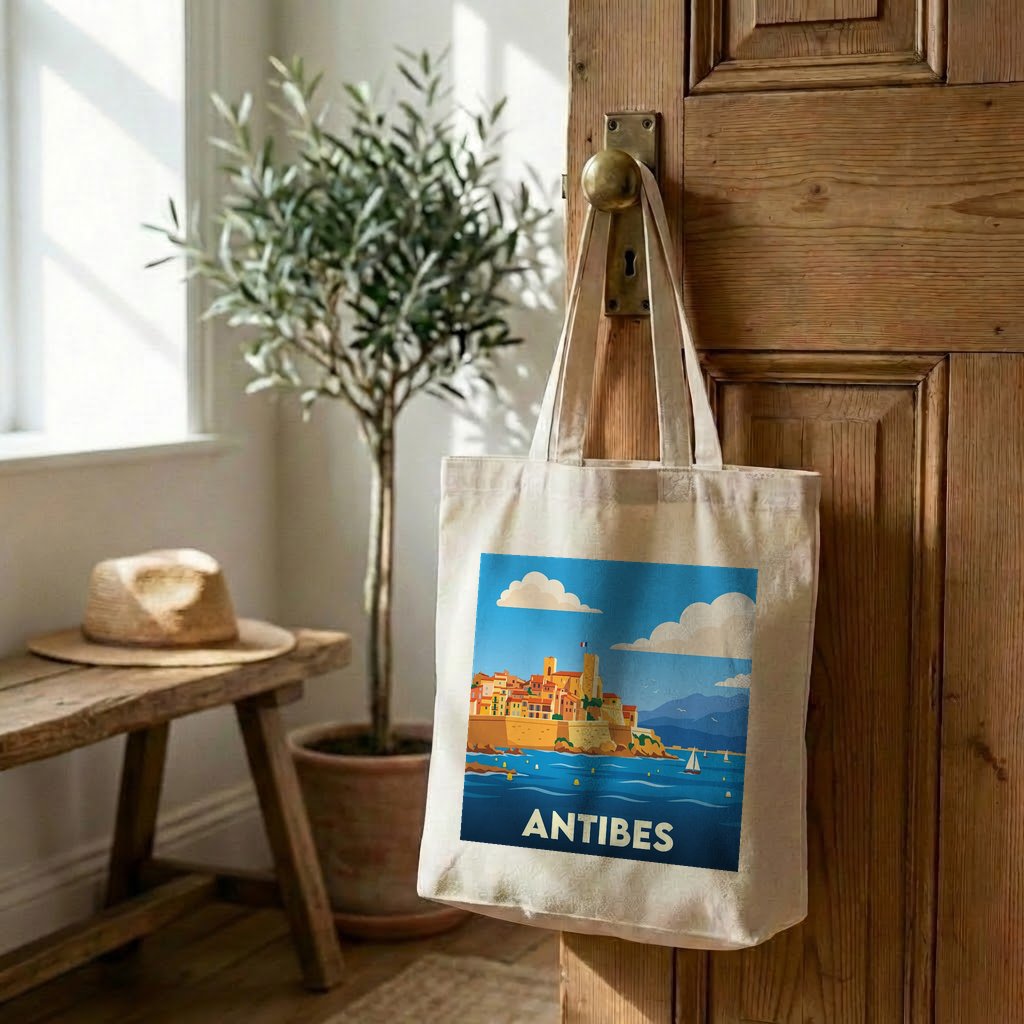 Tote bag souvenir de la ville d'Antibes avec une illustration stylisée.