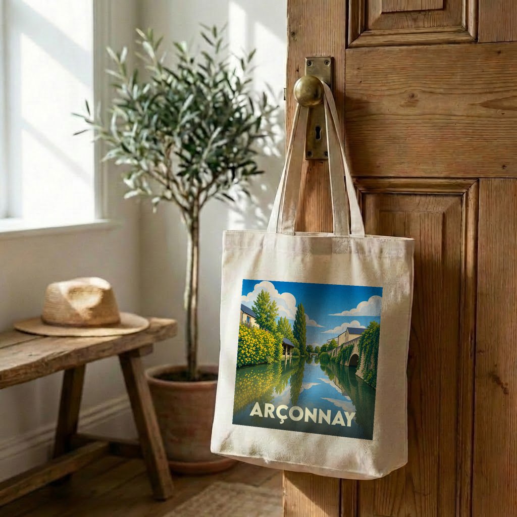 Tote bag souvenir de la ville d'Arçonnay avec une illustration stylisée d'un paysage fluvial.