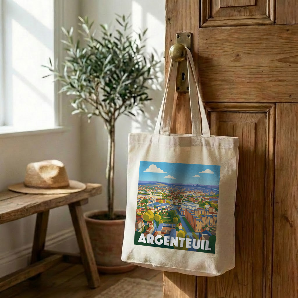 Tote bag souvenir de la ville d'Argenteuil avec une illustration stylisée du paysage urbain.