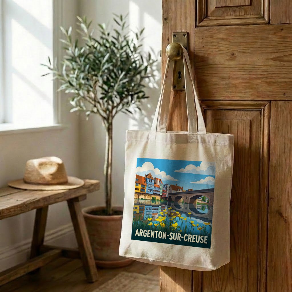 Tote bag souvenir de la ville d'Argenton-sur-Creuse avec une illustration stylisée de ses bords de rivière.