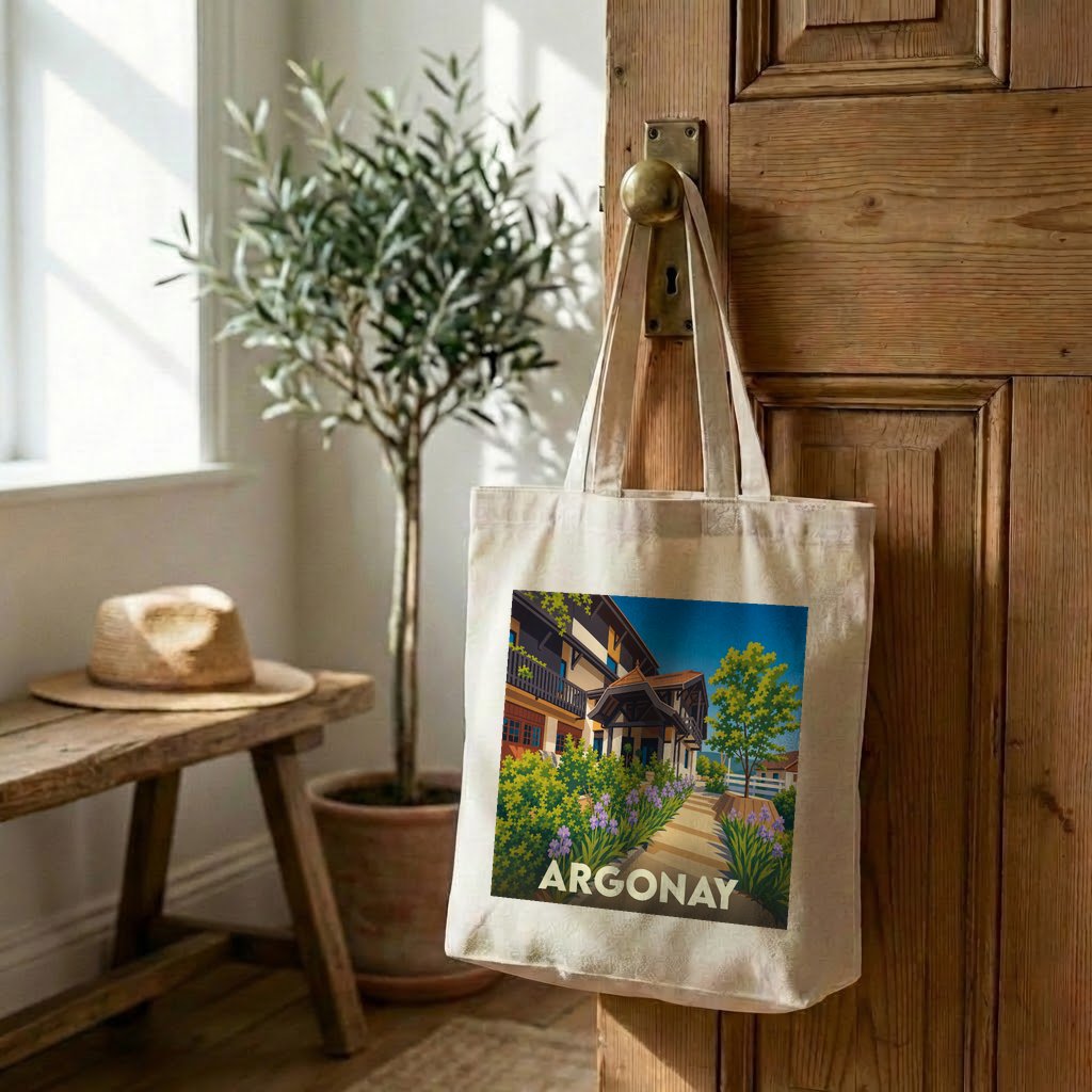 Tote bag souvenir de la ville d'Argonay avec une illustration colorée et stylisée.