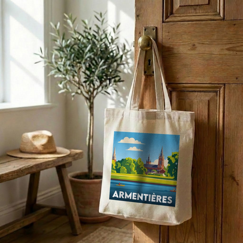 Tote bag souvenir de la ville d'Armentières avec une illustration stylisée.