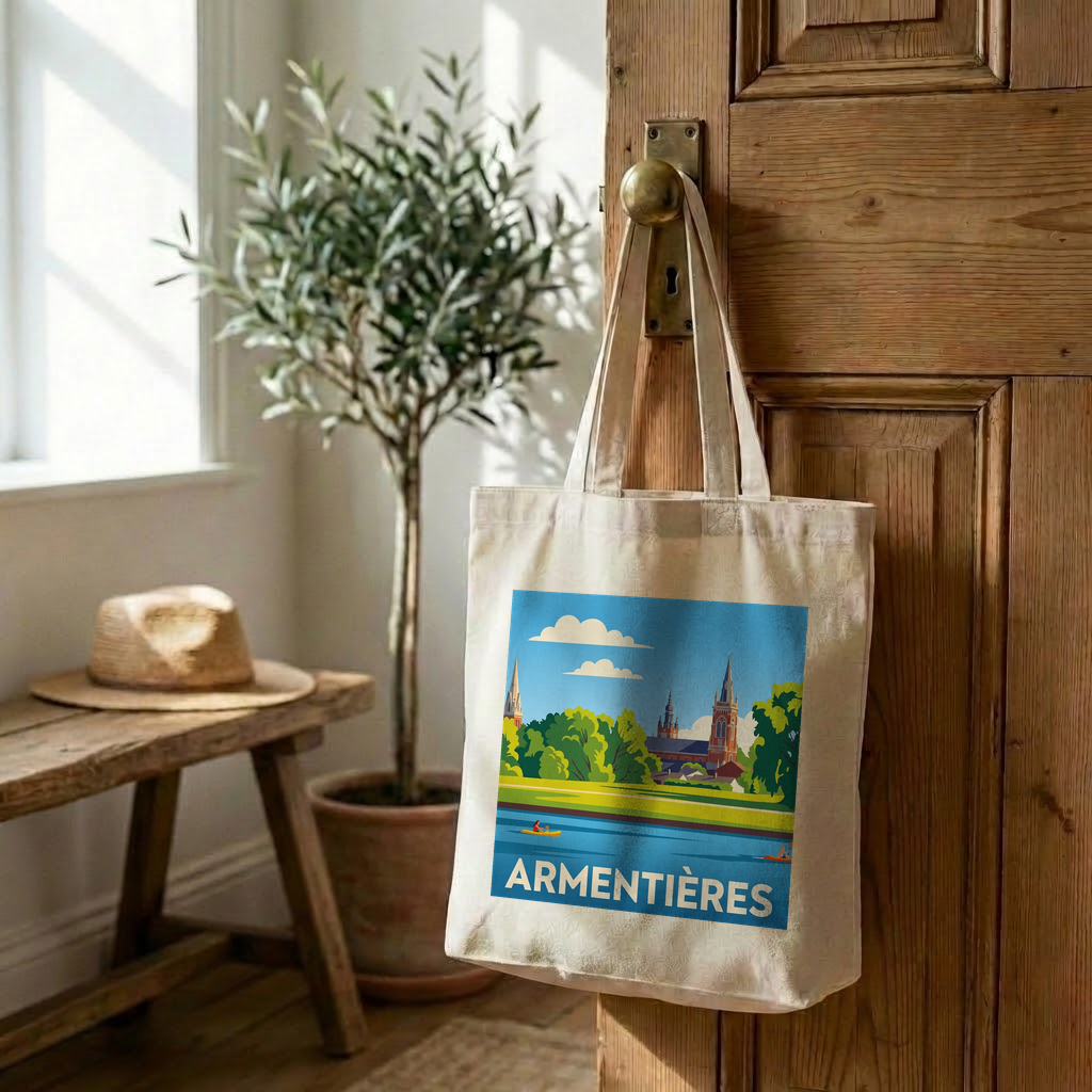 Tote bag souvenir de la ville d'Armentières avec une illustration stylisée.