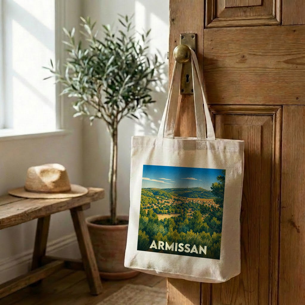 Tote bag souvenir de la ville d'Armissan avec une illustration de paysage vallonné.