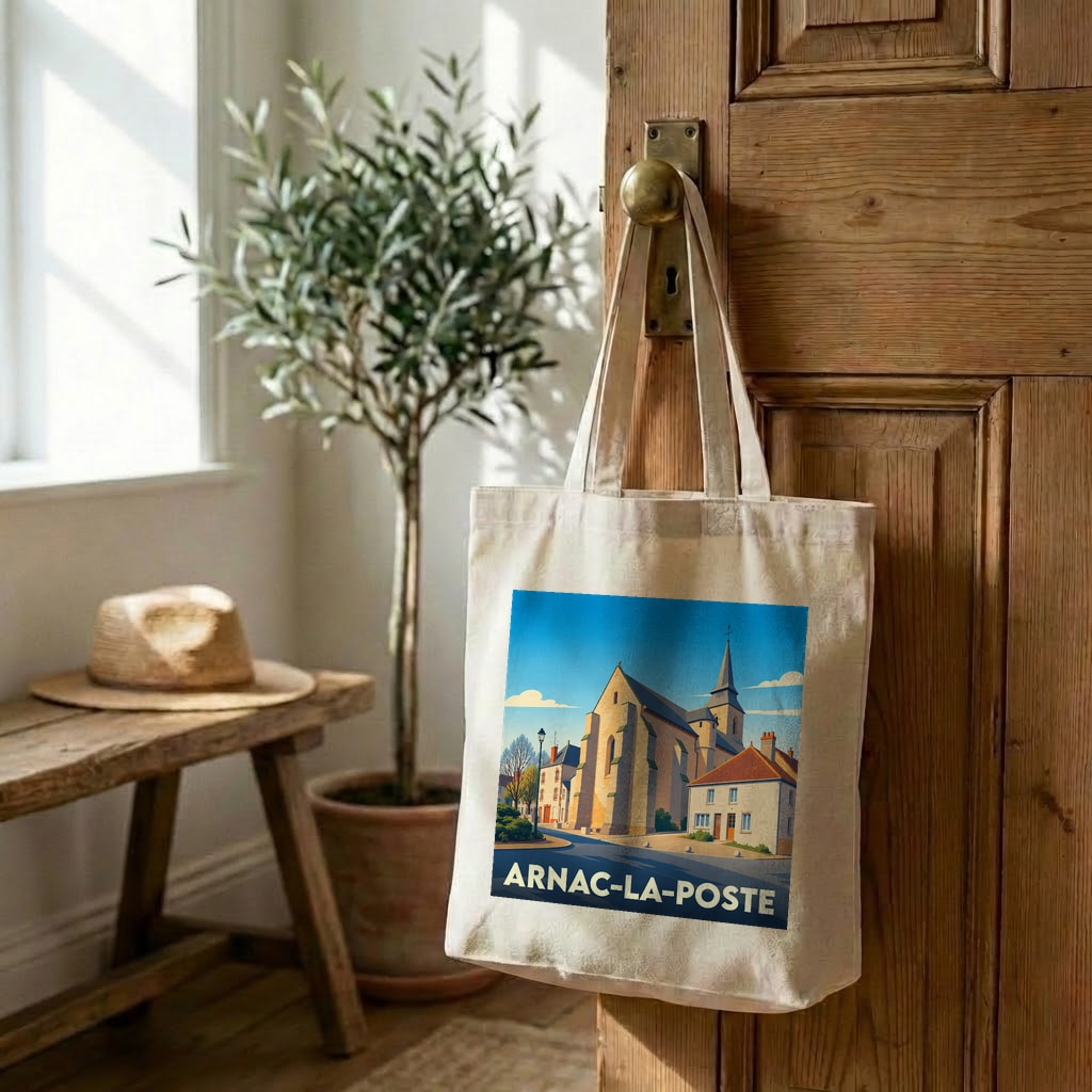 Tote bag souvenir de la ville de Arnac-la-Poste avec une illustration stylisée.