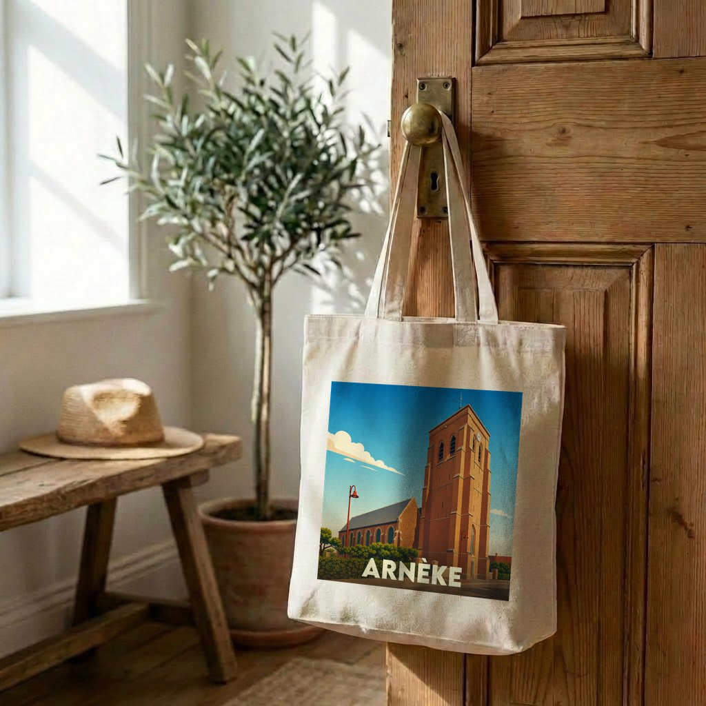 Tote bag souvenir de la ville de Arnèke avec une illustration stylisée de son église.