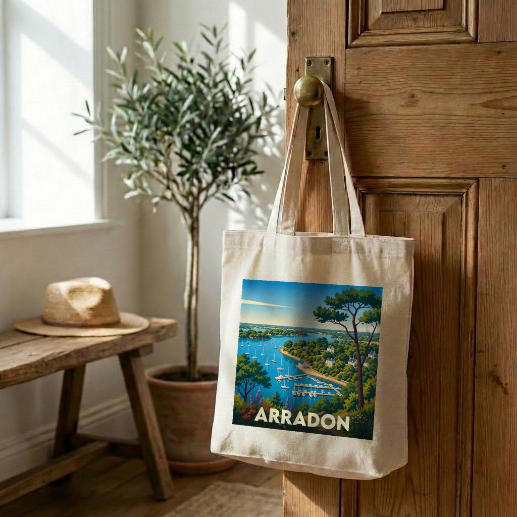 Tote bag souvenir de la ville d'Arradon avec une illustration stylisée de son port.