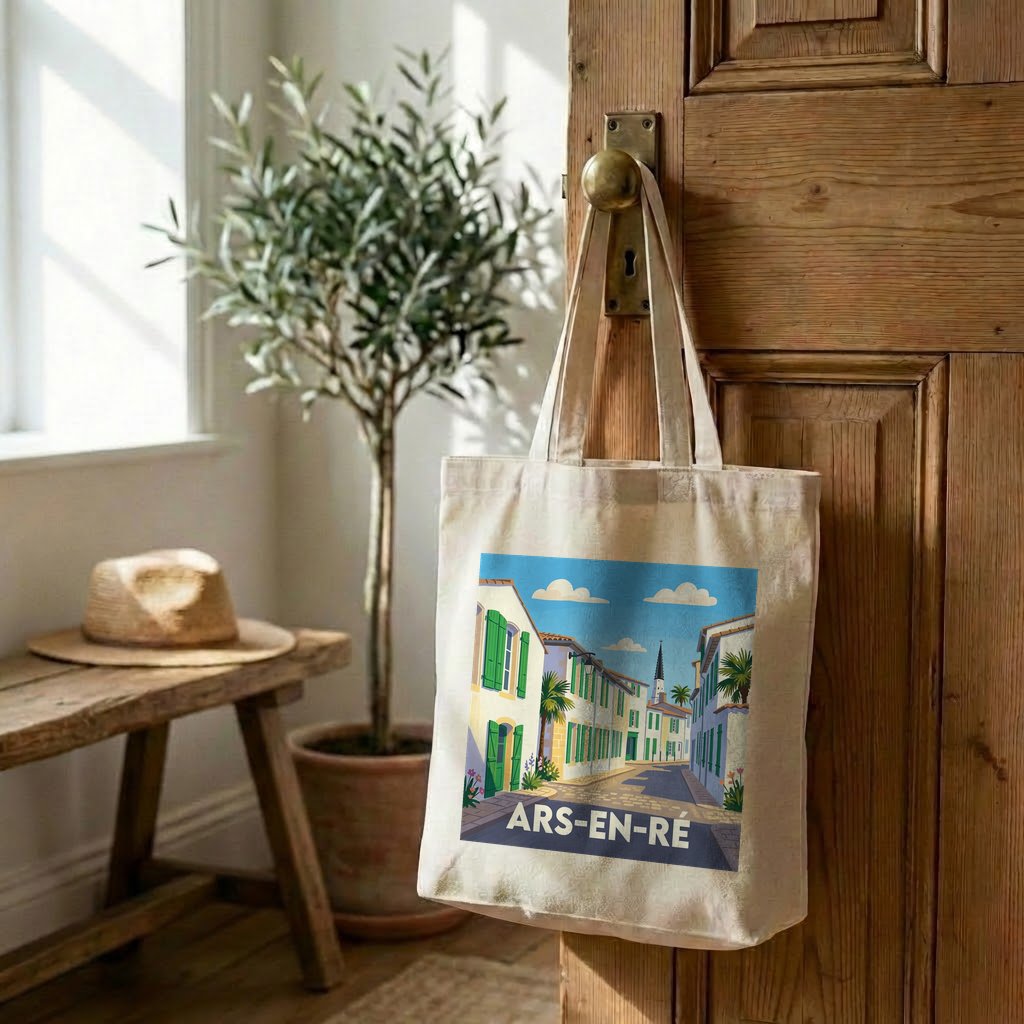 Tote bag souvenir de la ville d'Ars-en-Ré avec une illustration stylisée.