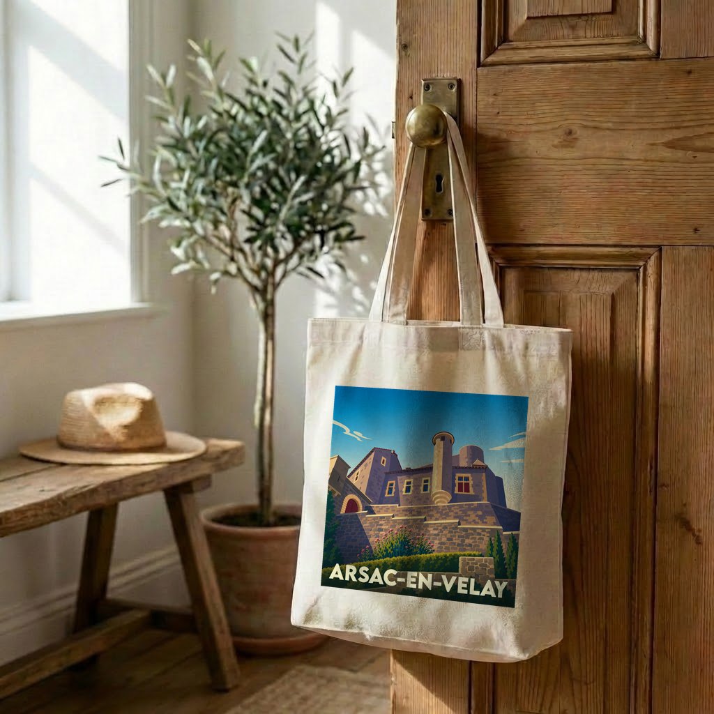 Tote bag souvenir de la ville d'Arsac-en-Velay avec une illustration stylisée de son patrimoine.