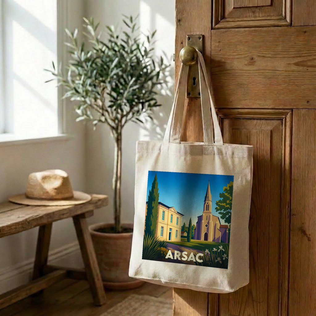 Tote bag souvenir de la ville d'Arsac avec une illustration stylisée.