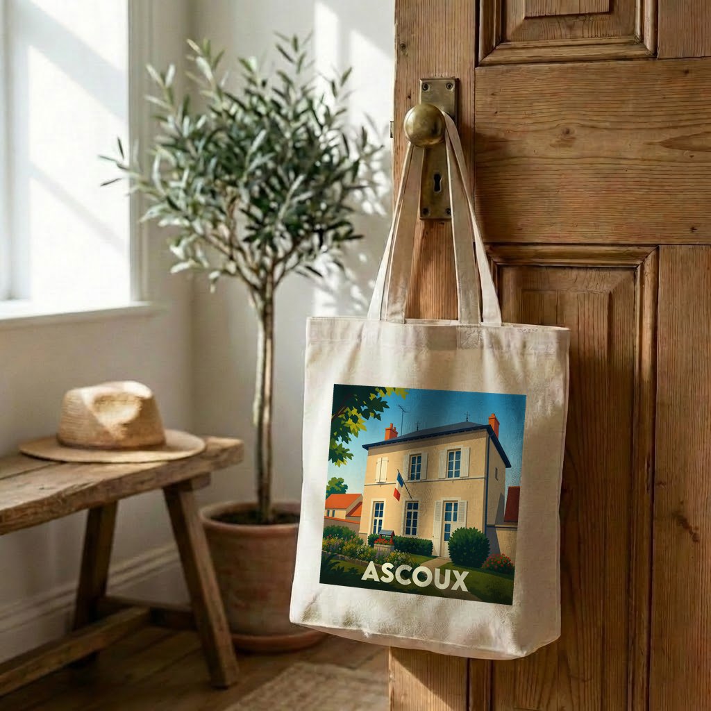 Tote bag souvenir de la ville d'Ascoux avec une illustration stylisée d'une maison de village.