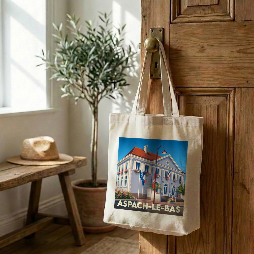 Tote bag souvenir de la ville d'Aspach-le-Bas avec une illustration stylisée de sa mairie.