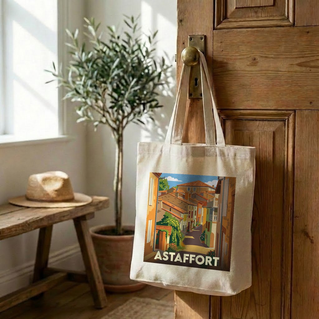 Tote bag souvenir de la ville d'Astaffort avec une illustration stylisée.