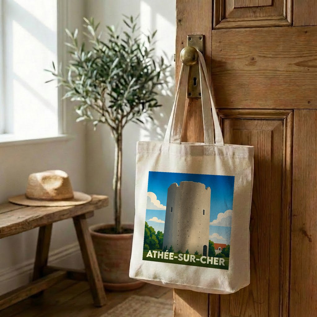 Tote bag souvenir de la ville d'Athée-sur-Cher avec une illustration stylisée de sa tour médiévale.