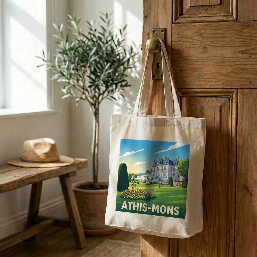 Tote bag souvenir de la ville de Athis-Mons avec une illustration stylisée de son patrimoine.