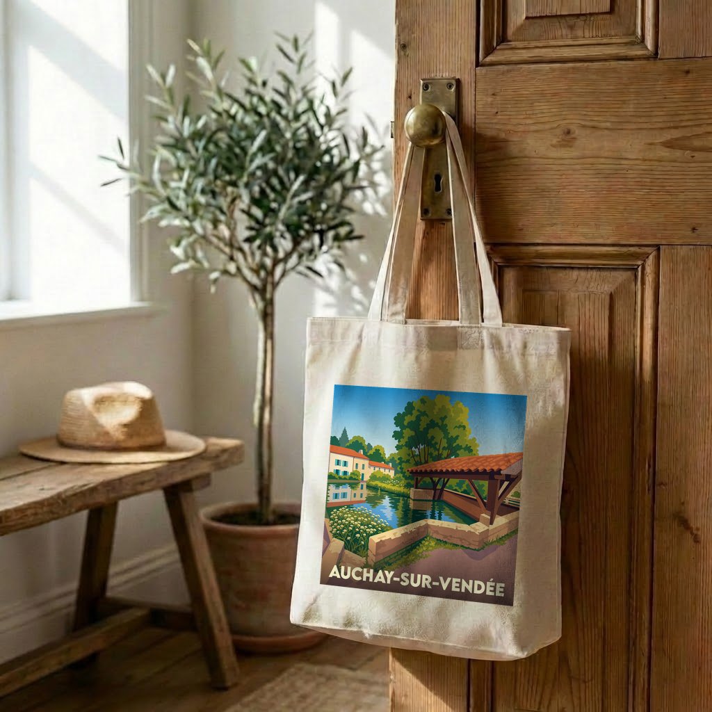 Tote bag souvenir de la ville de Auchay-sur-Vendée avec une illustration colorée et stylisée.