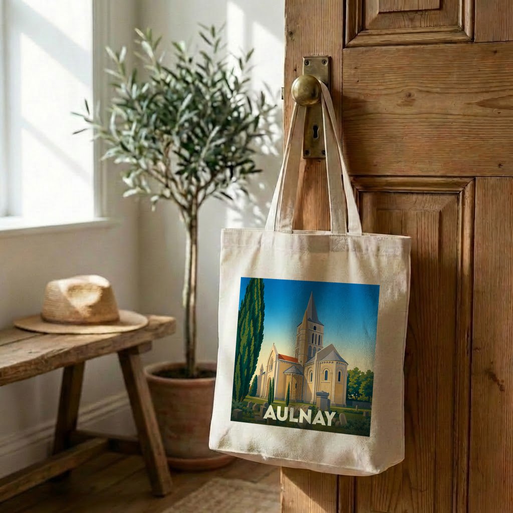 Tote bag souvenir de la ville d'Aulnay avec une illustration stylisée de son église.