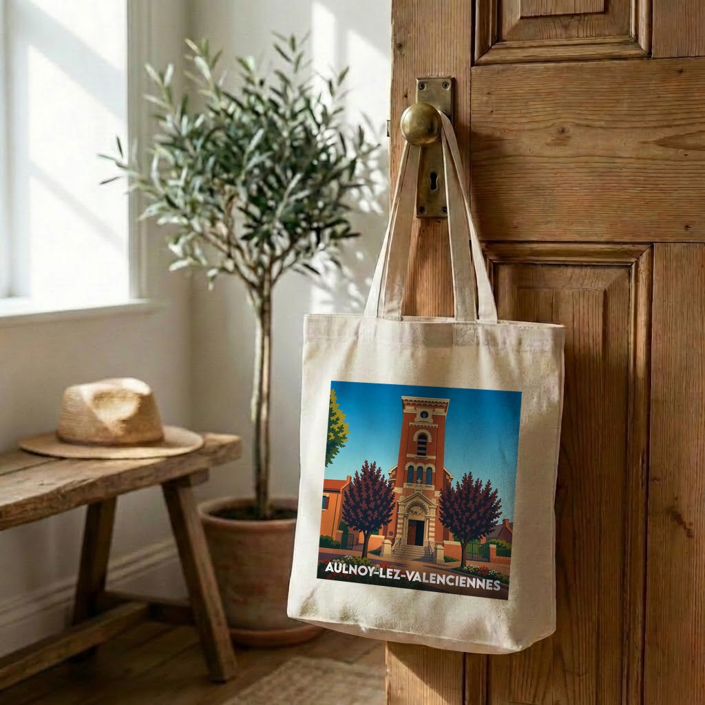 Tote bag souvenir de la ville d'Aulnoy-lez-Valenciennes avec une illustration stylisée de son église.