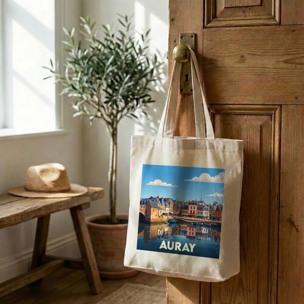 Tote bag souvenir de la ville d'Auray avec une illustration stylisée de son port.