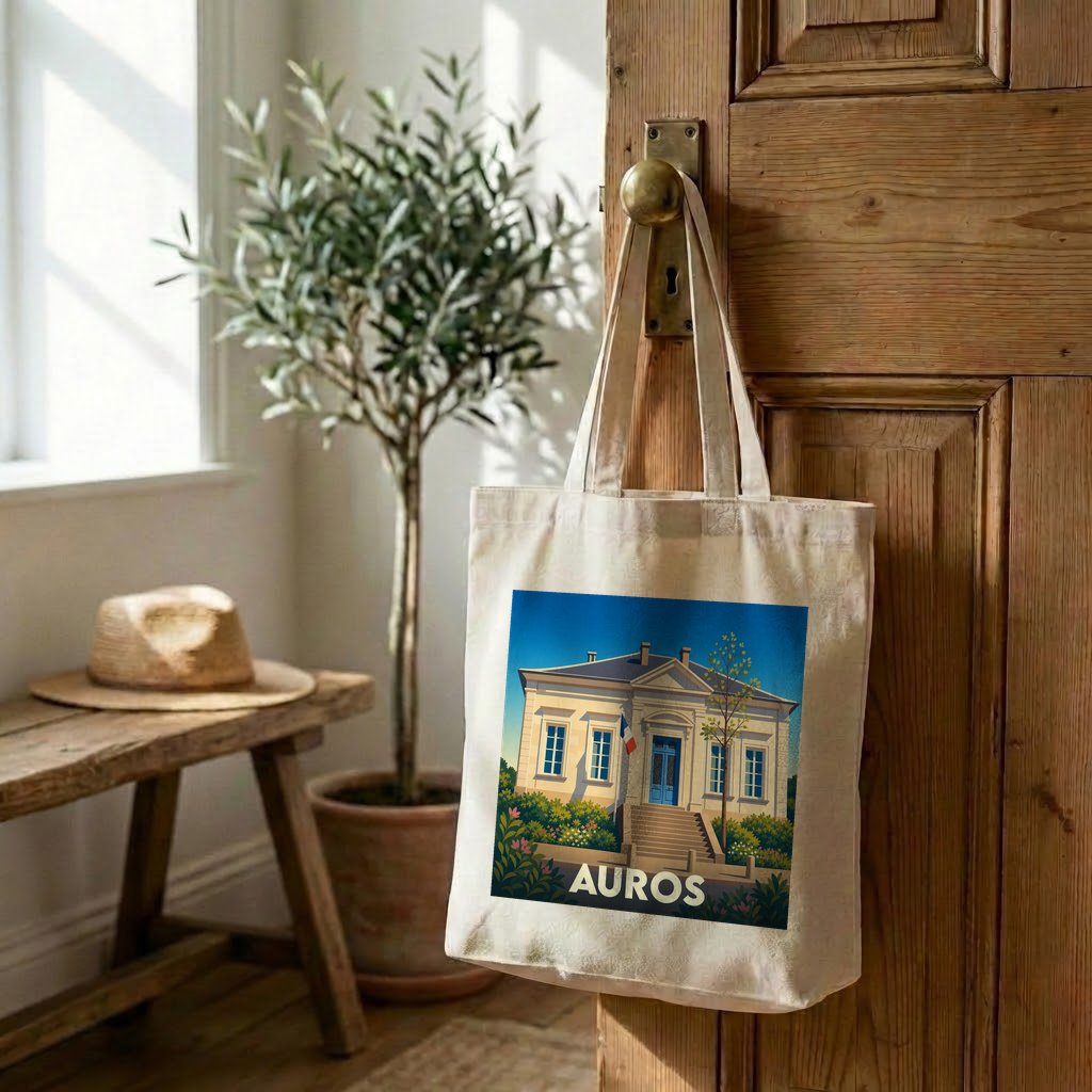 Tote bag souvenir de la ville d'Auros avec une illustration stylisée de son hôtel de ville.