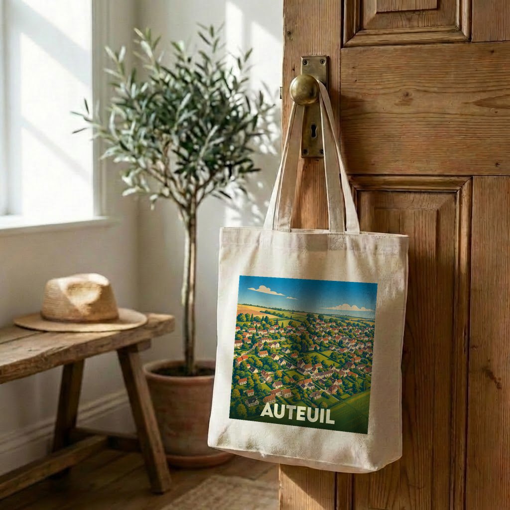 Tote bag souvenir de la ville d'Auteuil avec une illustration stylisée de ses paysages.