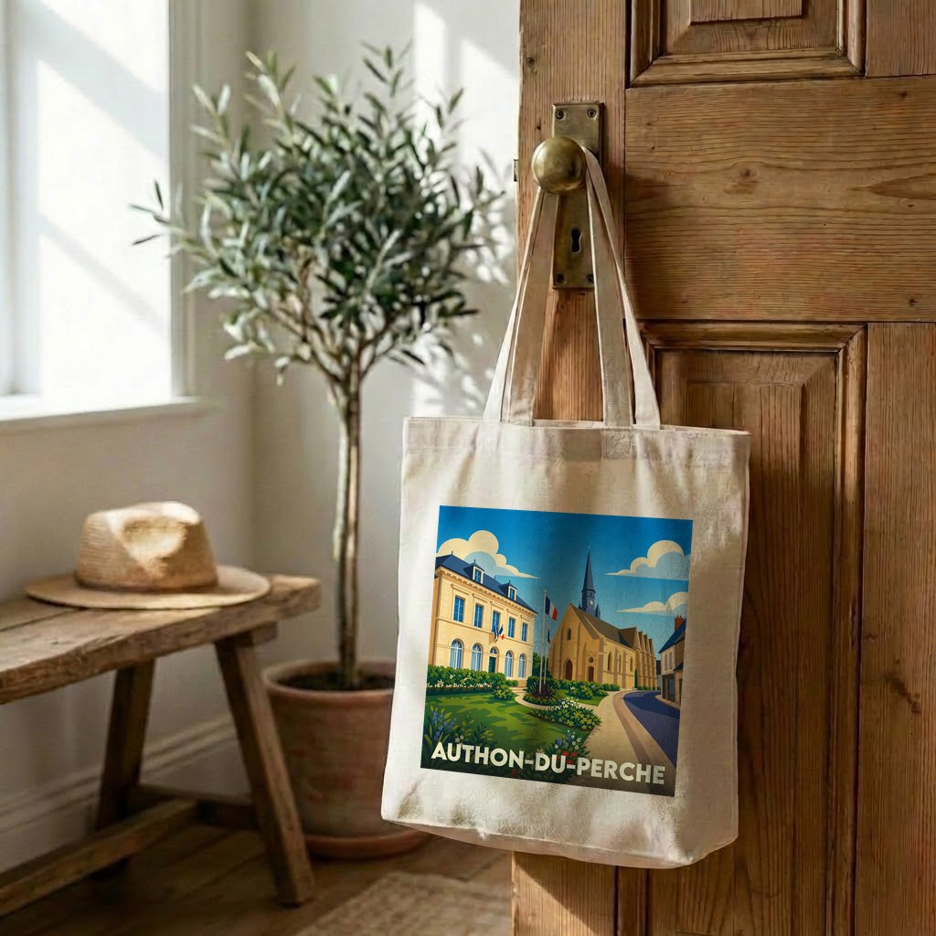 Tote bag souvenir de la ville d'Authon-du-Perche avec une illustration stylisée.