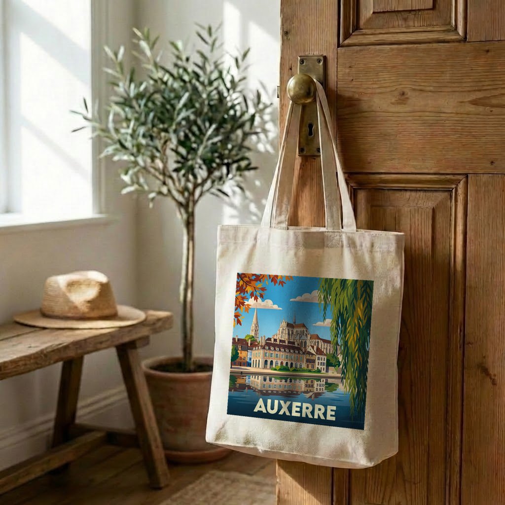 Tote bag souvenir de la ville d'Auxerre avec une illustration stylisée.
