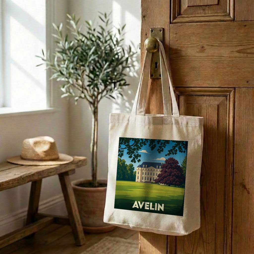 Tote bag souvenir de la ville d'Avelin avec une illustration stylisée d'un château.