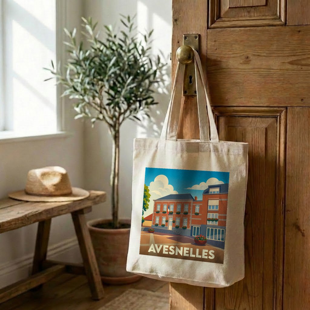 Tote bag souvenir de la ville d'Avesnelles avec une illustration stylisée.