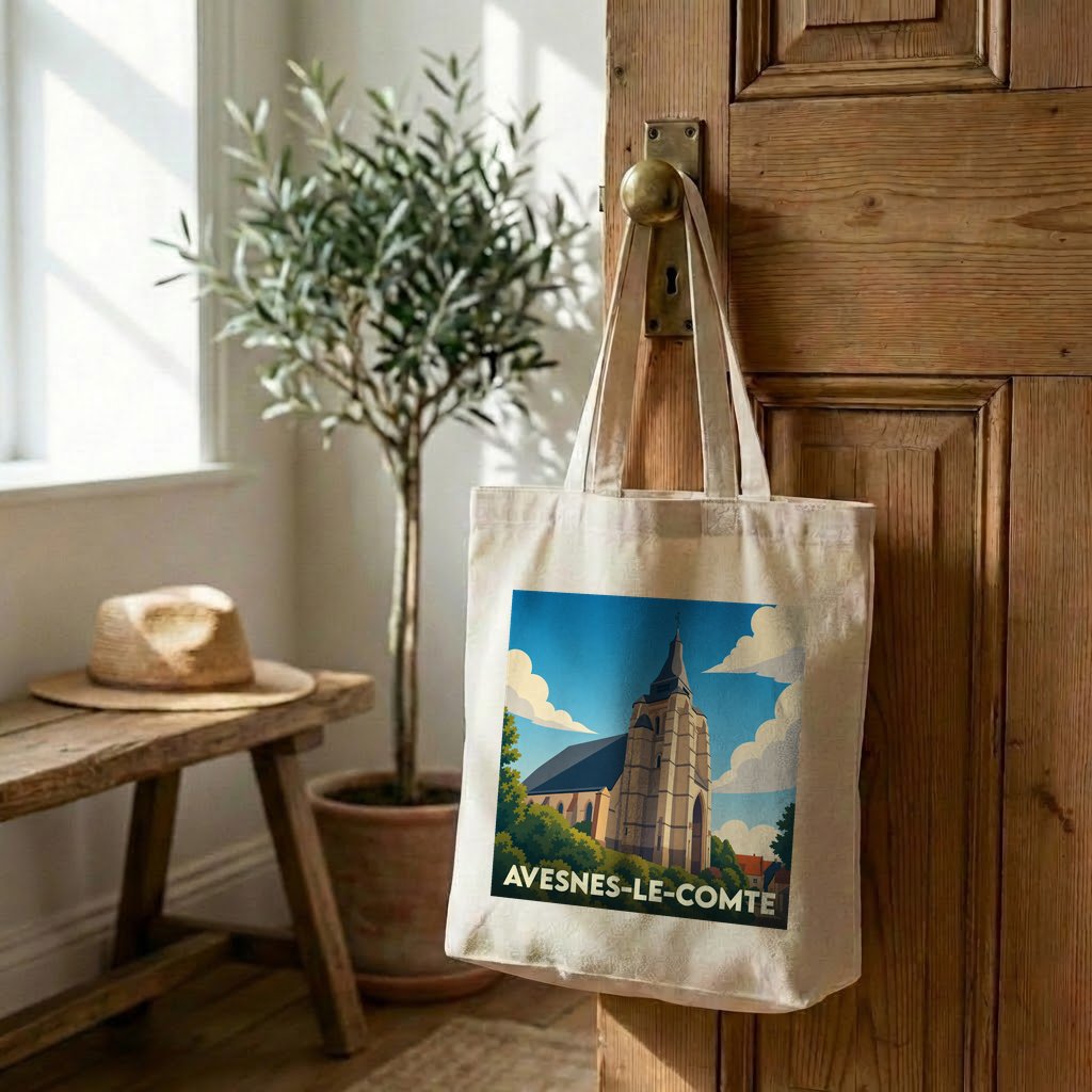 Tote bag souvenir de la ville d'Avesnes-le-Comte avec une illustration stylisée d'une église.