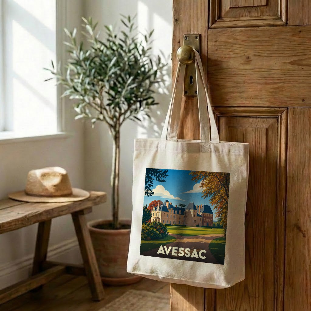 Tote bag souvenir de la ville d'Avessac avec une illustration stylisée d'un château.