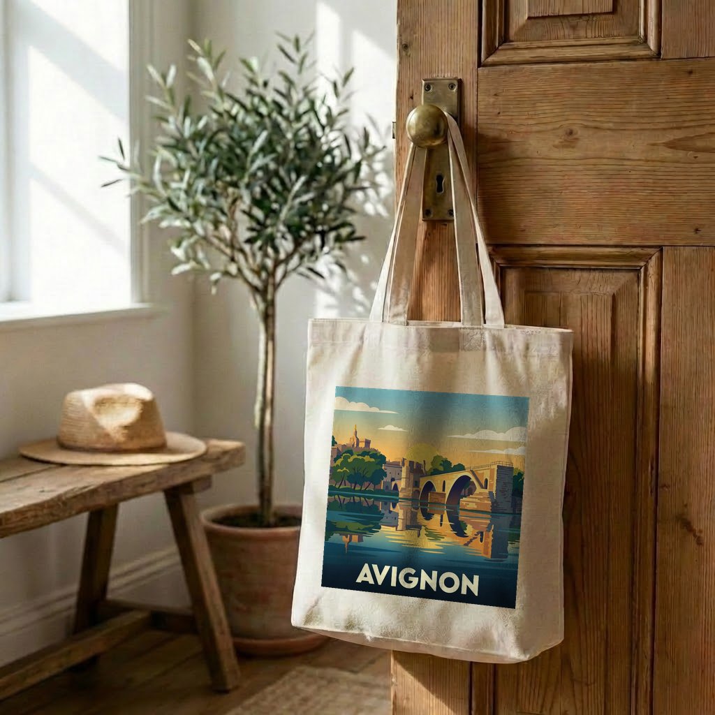 Tote bag souvenir de la ville d'Avignon avec une illustration stylisée.