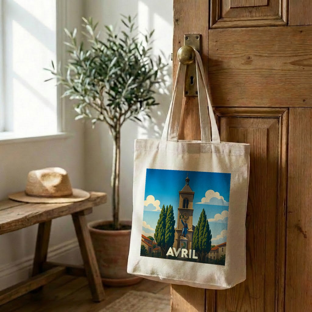 Tote bag souvenir de la ville d'Avril avec une illustration stylisée d'un clocher.