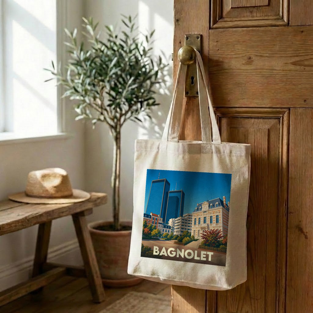 Tote bag souvenir de la ville de Bagnolet avec une illustration urbaine colorée.