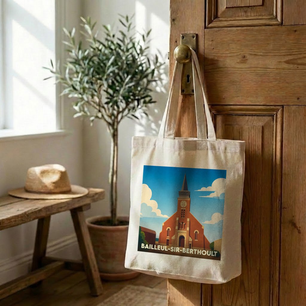 Tote bag souvenir de la ville de Bailleul-Sir-Berthoult avec une illustration stylisée de son église.