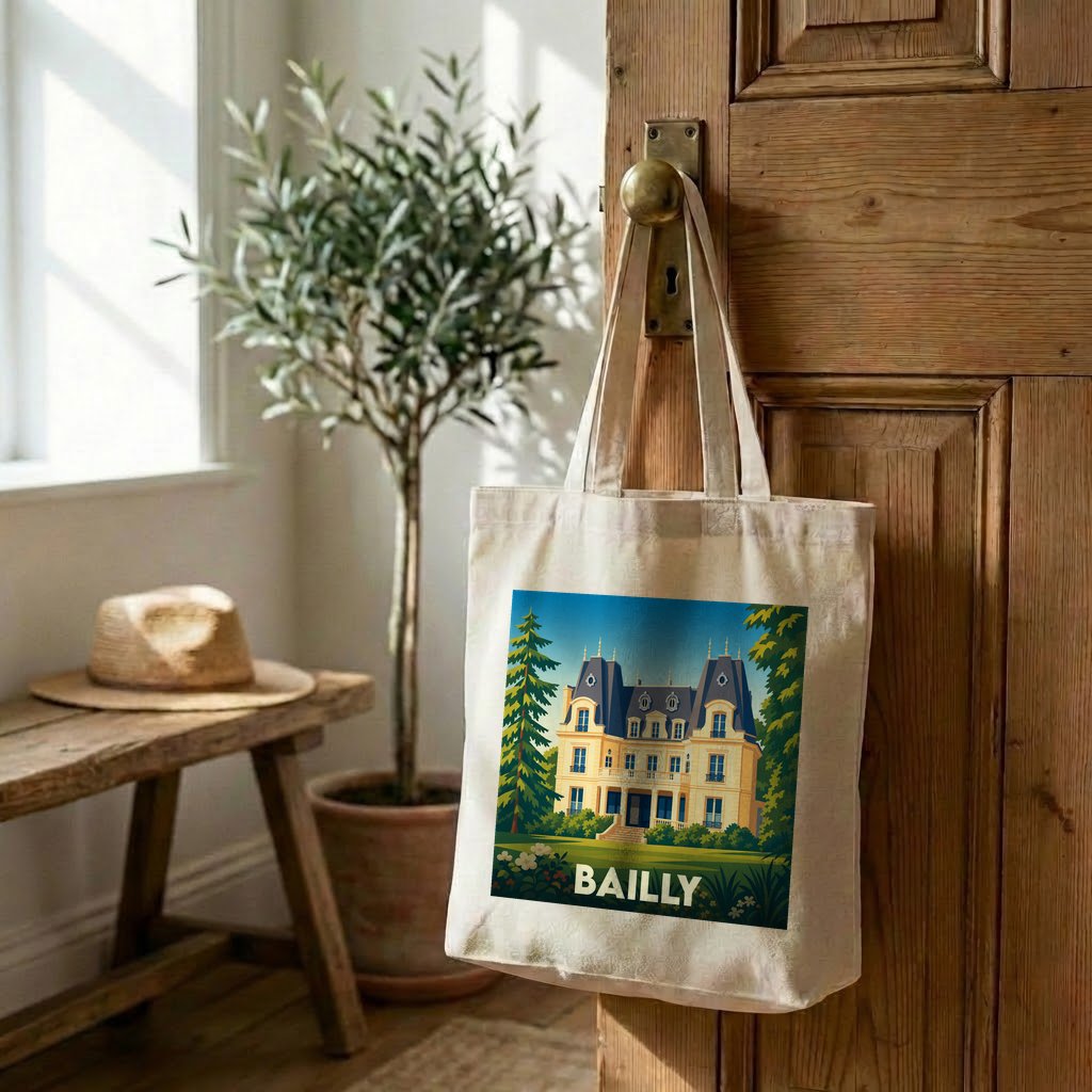 Tote bag souvenir de la ville de Bailly avec une illustration stylisée d'un château.