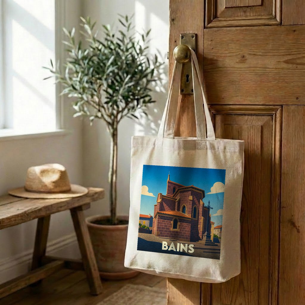 Tote bag souvenir de la ville de Bains avec une illustration stylisée d'un bâtiment historique.
