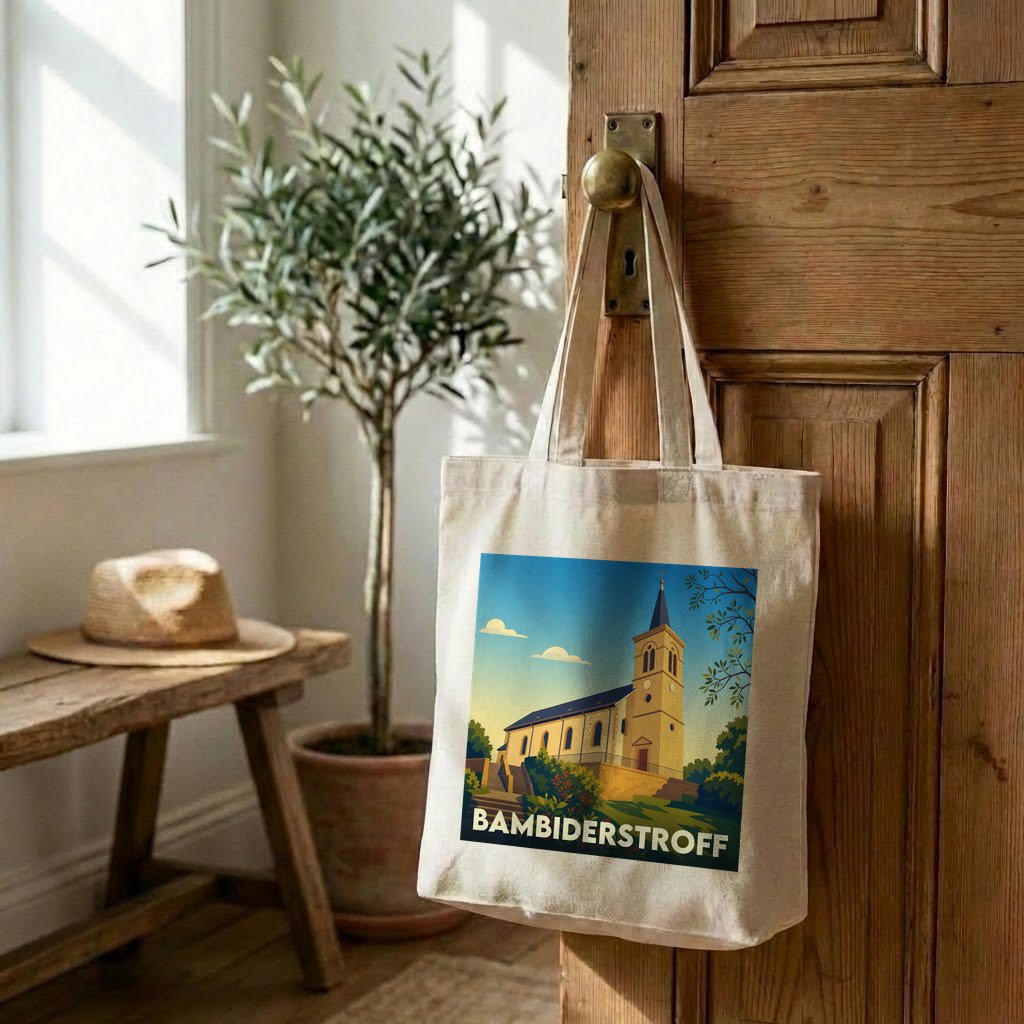 Sac cabas souvenir de la ville de Bambiderstroff avec une illustration stylisée de son église.
