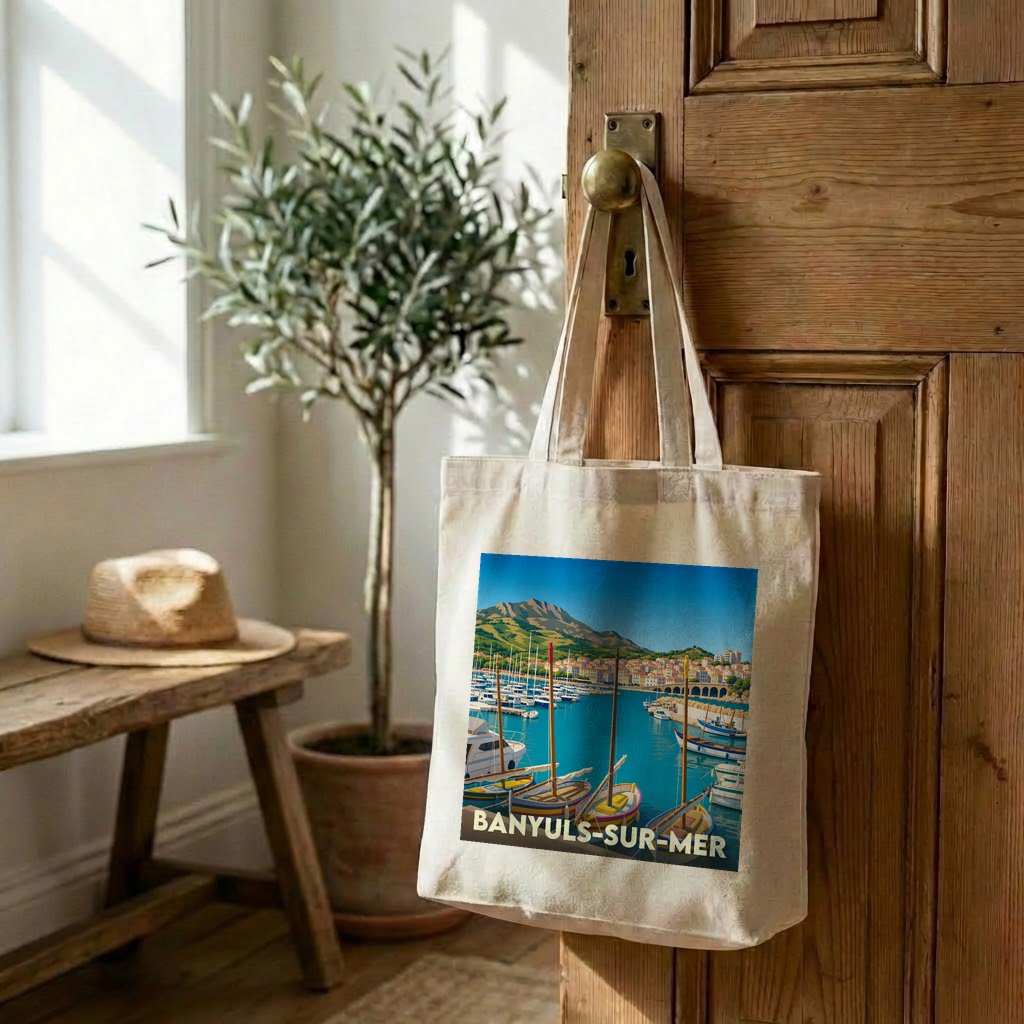 Tote bag souvenir de la ville de Banyuls-sur-Mer avec une illustration stylisée du port.