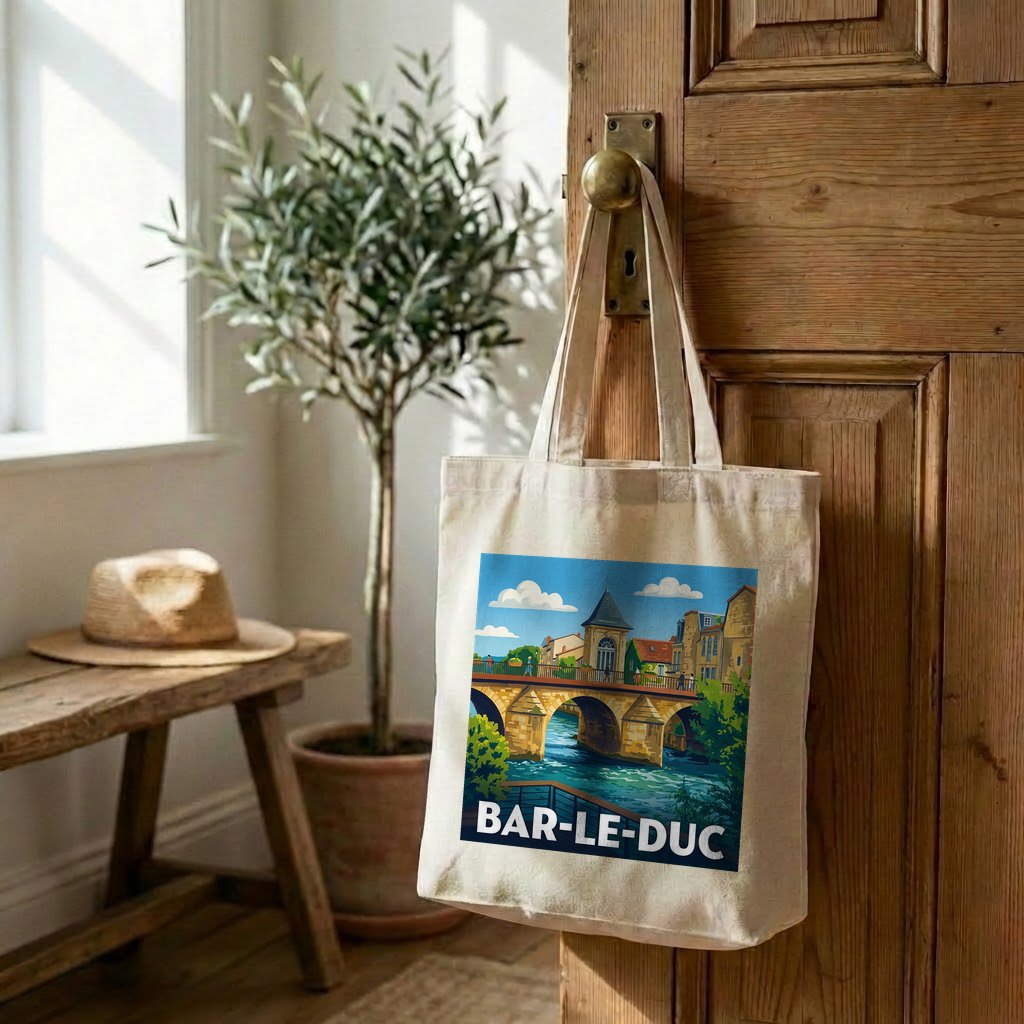 Tote bag souvenir de la ville de Bar-le-Duc avec une illustration stylisée d'un pont.