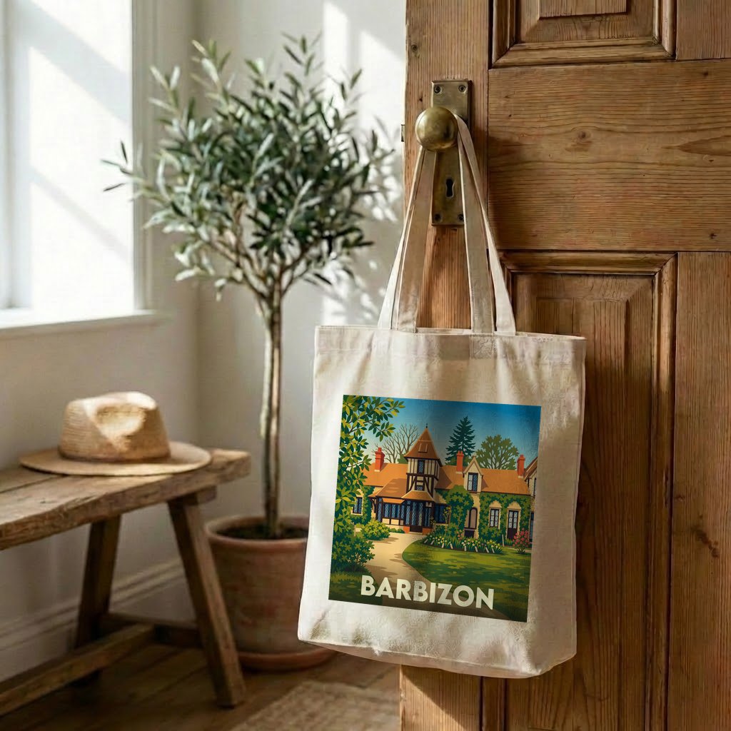 Tote bag souvenir de la ville de Barbizon avec une illustration stylisée.