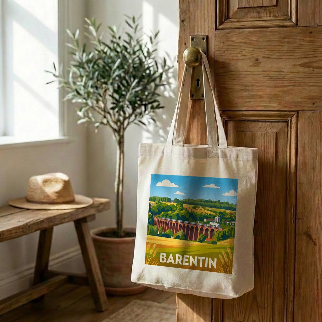Tote bag souvenir de la ville de Barentin avec une illustration stylisée.