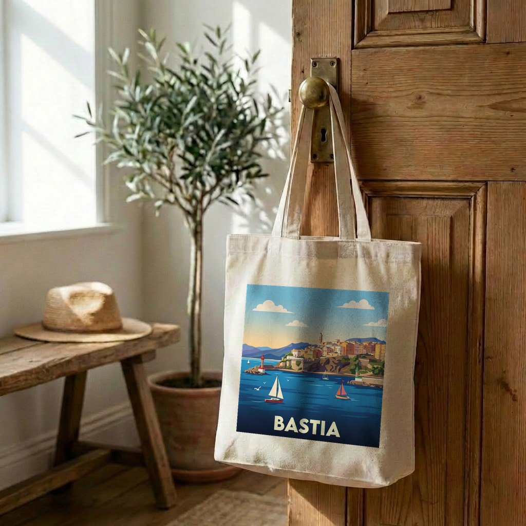 Tote bag souvenir de la ville de Bastia avec une illustration stylisée.