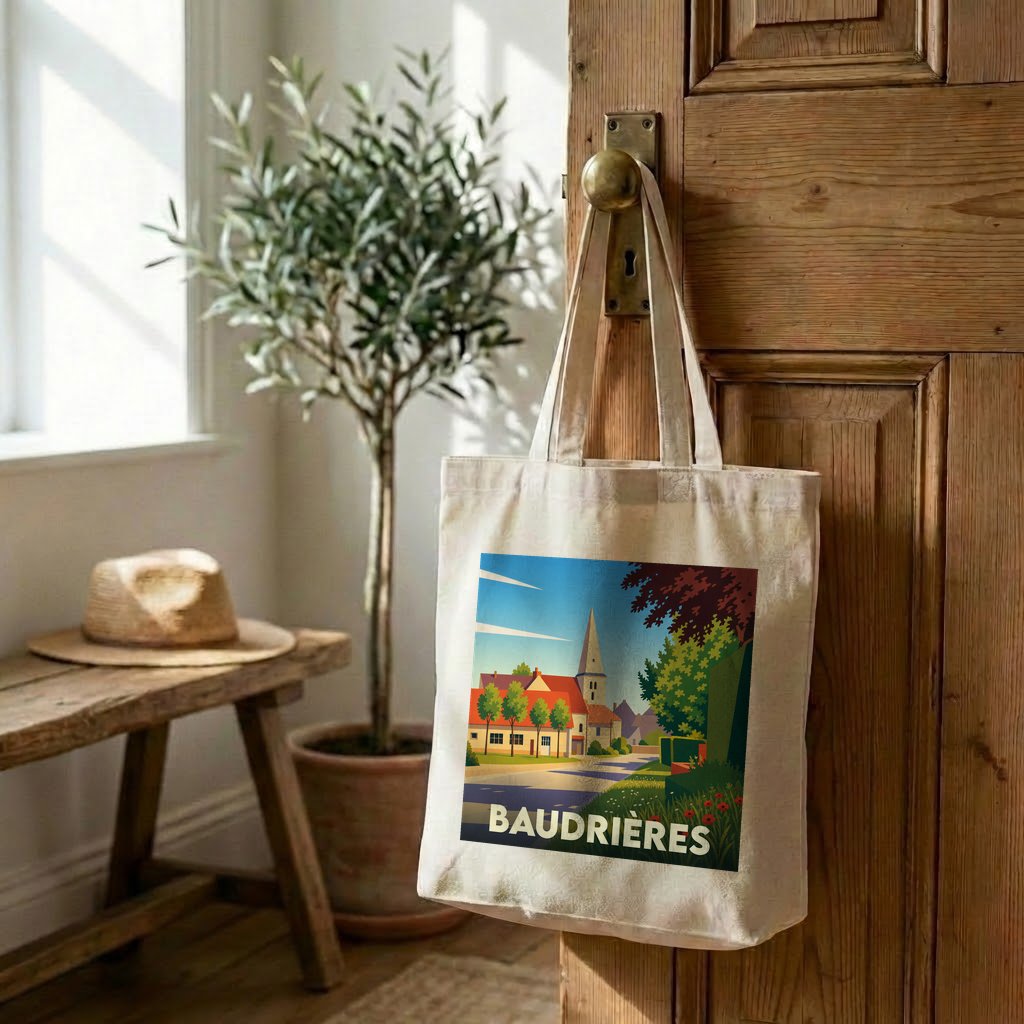 Tote bag souvenir de la ville de Baudrières avec une illustration stylisée.