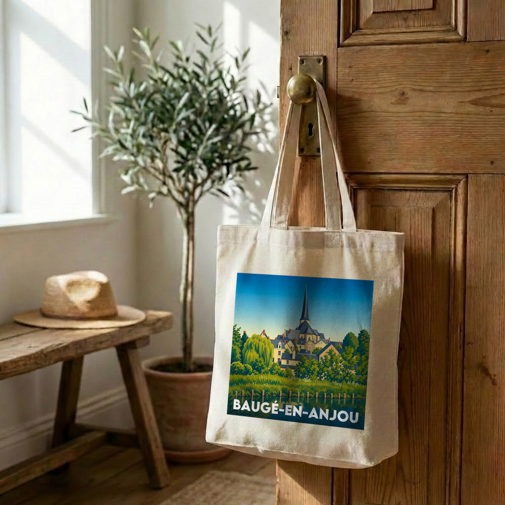 Tote bag souvenir de la ville de Baugé-en-Anjou orné d'une illustration stylisée.